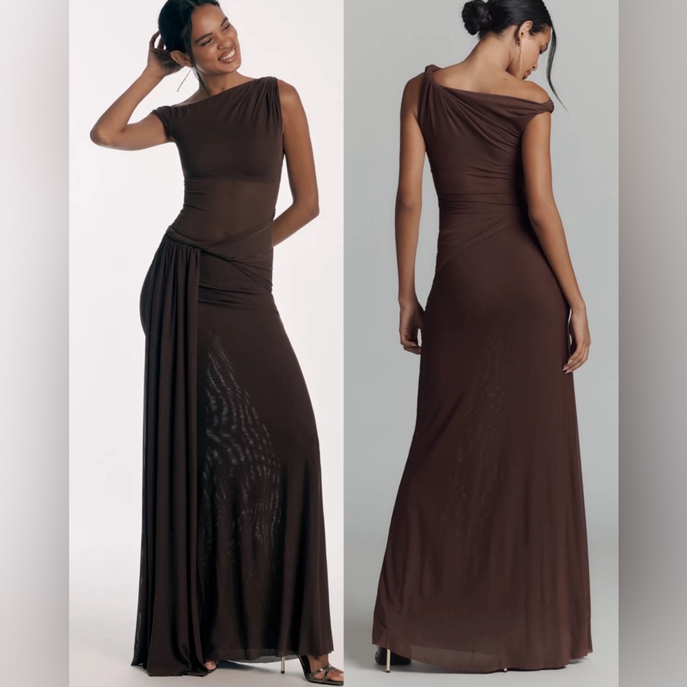 New! MISHA Sisal Asymmetrical Draped Mesh Maxi Dress In Brown